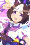  1girl :d animal_ears arm_up bangs blurry blurry_background blush bow braid brown_hair collared_shirt commentary confetti dutch_angle ear_bow eyebrows_visible_through_hair happy highres horse_ears ixia_(ixia424) jacket looking_at_viewer multicolored_hair neck_ribbon open_mouth puffy_short_sleeves puffy_sleeves purple_bow purple_neckwear purple_ribbon purple_vest ribbon shirt short_hair short_sleeves smile solo special_week_(umamusume) two-tone_hair umamusume upper_body upper_teeth vest violet_eyes waving white_hair white_jacket white_shirt wristband 