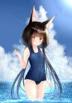  1girl alternate_costume alternate_hairstyle animal_ears azur_lane bangs black_hair blue_sky blunt_bangs blurry blush breasts clouds cloudy_sky collarbone commentary_request contemporary depth_of_field eyebrows_visible_through_hair fox_ears hair_ribbon head_tilt horizon in_water long_hair looking_at_viewer low_twintails m_ko_(maxft2) nagato_(azur_lane) ocean old_school_swimsuit parted_lips ribbon school_swimsuit sidelocks signature sky small_breasts solo swimsuit thighs twintails yellow_eyes 