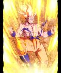  1boy abs absurdres aqua_eyes artist_name aura blonde_hair blue_footwear boots clenched_hands clenched_teeth commentary debris dragon_ball dragon_ball_z feet_out_of_frame highres large_pectorals male_focus muscular muscular_male nipples orange_pants pants pectorals phil_vzq sash shirtless solo son_goku spiky_hair super_saiyan teeth torn_clothes torn_pants wristband 