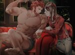  2boys abs beard biceps bishounen black_hair black_male_underwear boxers convenient_leg couch dark_skin dark_skinned_male facial_hair fate/grand_order fate_(series) feet flexing highres iskandar_(fate) large_pectorals long_hair looking_at_another lord_el-melloi_ii male_focus male_underwear mature_male multiple_boys muscular muscular_male nipples on_couch pectorals pose red_eyes red_shirt redhead shirt short_hair sizuokachp smile stomach underwear underwear_only waver_velvet 