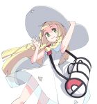  1girl 26th armpits bag bangs bare_arms blonde_hair blunt_bangs blush braid closed_mouth collared_dress commentary_request dress duffel_bag eyelashes floating_hair green_eyes hand_on_headwear hand_up hat lillie_(pokemon) long_hair looking_at_viewer pokemon pokemon_(game) pokemon_sm see-through simple_background sleeveless sleeveless_dress smile solo sun_hat twin_braids white_background white_bag white_dress white_headwear 