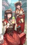  2girls black_hair closed_eyes dango food hair_ornament highres hime_cut hinoa japanese_clothes lack long_hair miko minoto monster_hunter_(series) monster_hunter_rise multiple_girls pointy_ears siblings sisters smile twins wagashi 