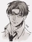  1boy apex_legends collared_shirt crypto_(apex_legends) glasses grey_background greyscale hair_behind_ear head_tilt highres looking_at_viewer male_focus monochrome mozuwaka necktie parted_hair shirt smile solo upper_body 