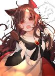  !? 1girl @_@ absurdres ahoge animal_ear_fluff animal_ears blush brooch brown_hair commentary_request dress fang hair_brush highres holding holding_brush holding_hair imaizumi_kagerou jewelry long_hair long_sleeves open_mouth red_eyes sabatuki simple_background skin_fang solo spoken_interrobang sweat touhou white_background white_dress wide_sleeves wolf_ears 