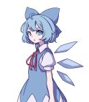  1girl absurdres ahoge bangs blue_bow blue_dress blue_hair bow cirno collared_shirt cowboy_shot dress eyebrows_behind_hair from_side hair_bow highres ice ice_wings kame_(kamepan44231) looking_at_viewer neck_ribbon one-hour_drawing_challenge open_mouth red_neckwear red_ribbon ribbon shirt short_hair short_sleeves simple_background sleeveless sleeveless_dress solo standing touhou white_background white_shirt wings 