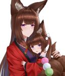 +_+ 2girls absurdres amagi-chan_(azur_lane) amagi_(azur_lane) animal_ears azur_lane bangs blunt_bangs brown_hair chibi commentary_request dango drooling eyebrows_visible_through_hair food fox_ears fox_girl fox_tail frozen-sad highres holding hug japanese_clothes kyuubi long_hair mother_and_daughter multiple_girls multiple_tails off-shoulder_kimono off_shoulder parted_lips sidelocks simple_background symbol-shaped_pupils tail thick_eyebrows twintails violet_eyes wagashi white_background wide_sleeves younger 