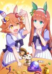  +_+ 2girls :d animal_ears arm_up blue_shirt brown_eyes brown_hair carrot commentary_request daruma_doll gold green_eyes hairband highres holding horse_ears horse_girl horse_tail koban_(gold) long_hair magatama maneki-neko matikanefukukitaru_(umamusume) multiple_girls open_mouth pleated_skirt puffy_short_sleeves puffy_sleeves sansei_rain school_uniform shirt short_sleeves silence_suzuka_(umamusume) skirt smile sparkle table tail tracen_school_uniform umamusume very_long_hair white_hairband white_skirt 