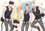  1girl 3boys :d animal_ears backpack bag bangs black_hair black_legwear black_skirt blonde_hair brown_eyes cat_boy cat_ears cat_girl cat_tail from_behind grey_hair haiba_lev haikyuu!! hand_in_pocket hands_in_pockets holding holding_umbrella joman kozume_kenma kuroo_tetsurou looking_back miniskirt multiple_boys necktie open_mouth pants paw_print pleated_skirt school_uniform shirt short_hair skirt smile socks standing standing_on_one_leg sweater_vest tail umbrella white_shirt yachi_hitoka 