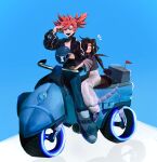  2boys aqua_background artist_name black_hair ear_piercing earrings grey_pants ground_vehicle hand_up helmet highres holding holding_helmet ichiro_(ms_pigtails) jewelry long_hair long_sleeves motor_vehicle motorcycle ms_pigtails multiple_boys open_mouth original pants piercing ponytail redhead reflection roland_(ms_pigtails) sitting smile wide_shot 