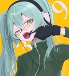  1girl aqua_eyes aqua_hair bangs black_gloves facial_mark fang gloves green_hair green_jacket hair_between_eyes headphones highres hikap jacket long_hair long_sleeves matryoshka_(vocaloid) mouth_pull multicolored multicolored_eyes open_mouth solo teeth track_jacket upper_body vocaloid yellow_background yellow_eyes 