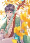  1boy androgynous bangs black_hair blue_hair blurry blurry_foreground braid chinese_clothes chinese_commentary eyebrows_visible_through_hair genshin_impact ginkgo_leaf gradient_hair green_eyes holding holding_instrument instrument long_sleeves male_focus multicolored_hair open_mouth pipa_(instrument) short_hair_with_long_locks simple_background sitting smile solo symbol_commentary tassel twin_braids twitter_username venti_(genshin_impact) vision_(genshin_impact) white_background wide_sleeves yue_yue1102 