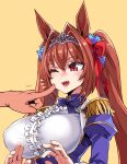  1girl animal_ears asanagi blush bow breasts daiwa_scarlet_(umamusume) epaulettes fang hair_between_eyes hair_bow highres horse_ears horse_girl large_breasts long_hair one_eye_closed open_mouth red_bow red_eyes redhead simple_background solo_focus tiara twintails umamusume upper_body yellow_background 