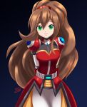  1girl arms_behind_back belt brown_hair cute dark_background deviantart deviantart_username green_eyes iris_(rockman_x) long_hair looking_at_viewer ponytail red_jacket robot rockman rockman_x rockman_x_dive shoulder_armor shoulder_pads signature sincity2100 smile 