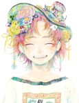  1girl closed_eyes earrings flower hat jewelry open_mouth original pink_flower redhead runta shirt short_hair simple_background smile solo traditional_media upper_body watercolor_(medium) white_background white_shirt 