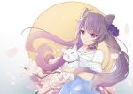  1girl ^_^ animal blue_dress carrying cat cherry_blossoms choker closed_eyes collarbone commentary double_bun dress genshin_impact highres keqing_(genshin_impact) long_hair moon purple_hair purple_neckwear qingye_ling short_sleeves smile twintails violet_eyes white_cat 