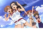  4girls absurdres awatsuki_maaya bare_shoulders black_hair breasts brown_eyes brown_hair day gym_shirt gym_shorts gym_uniform highres kongou_mitsuko medium_breasts misaka_imouto misaka_mikoto multiple_girls official_art open_mouth pink_hair running sano_haruka school_uniform serafuku shirai_kuroko shirt shokuhou_misaki short_hair shorts skirt sky sweater sweater_vest toaru_kagaku_no_railgun toaru_majutsu_no_index tokiwadai_school_uniform twintails uiharu_kazari wannai_kinuho 