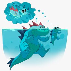  absurdres crocodilian evil_smile feraligatr gen_2_pokemon highres menacing_(jojo) no_humans partially_underwater_shot pokemon pokemon_(creature) simple_background smile thought_bubble totodile trisketched water white_background 