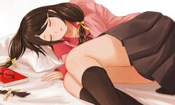  1girl absurdres bakemonogatari bed blush book braid brown_hair closed_eyes eyewear_removed glasses hair_ornament hanekawa_tsubasa highres long_hair monogatari_(series) naoetsu_high_school_uniform nemo_ringo on_bed ribbon_braid school_uniform skirt sleeping thigh-highs thighs 