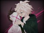  2boys :d bangs collarbone collared_shirt commentary_request covering_face cross dangan_ronpa_(series) dangan_ronpa_2:_goodbye_despair from_side gradient gradient_background green_eyes green_jacket green_neckwear grey_hair highres hinata_hajime holding hood hood_down hooded_jacket jacket komaeda_nagito long_sleeves looking_at_another male_focus multiple_boys necktie open_mouth sher_(sherryhelen28) shirt short_hair smile upper_body white_hair white_shirt 