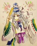  1girl cherry_blossoms closed_mouth dress flower hat japanese_clothes key747h layered_sleeves long_hair looking_to_the_side mononobe_no_futo photo_(medium) pom_pom_(clothes) ribbon-trimmed_sleeves ribbon_trim ritual_baton silver_hair solo tate_eboshi touhou traditional_media upper_body watercolor_(medium) white_dress wide_sleeves 