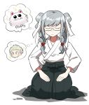  1girl animal bangs blonde_hair braid cat closed_mouth dangan_ronpa_(series) dangan_ronpa_2:_goodbye_despair fluffy frown furukawa_(yomawari) glasses grey_hair hair_ribbon hakama highres japanese_clothes kimono kuzuryuu_fuyuhiko long_hair pekoyama_peko ribbon school_uniform seiza semi-rimless_eyewear serafuku simple_background sitting sparkle thought_bubble twin_braids white_background white_kimono white_ribbon 