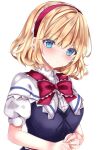  1girl alice_margatroid bangs blonde_hair blue_eyes bow capelet closed_mouth eyebrows_visible_through_hair hairband hands_together highres lolita_hairband looking_at_viewer nanase_nao puffy_short_sleeves puffy_sleeves red_bow red_hairband red_neckwear short_hair short_sleeves simple_background solo touhou upper_body white_background white_capelet 