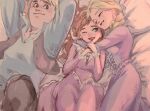  1boy 2girls anna_(frozen) arms_around_neck arms_behind_head bed blonde_hair blue_shirt blush braid breasts brown_hair closed_eyes closed_mouth cross-laced_clothes curly_hair dress elsa_(frozen) freckles frilled_dress frills from_above frozen_(disney) gori_matsu green_eyes hair_down high_collar highres hug kristoff_(frozen) lineup long_hair long_sleeves looking_at_another looking_to_the_side lying multiple_girls on_back on_bed on_side one_eye_closed parted_lips purple_dress red_lips shirt siblings side_braid sidelighting sisters small_breasts smile thick_eyebrows waistcoat wrist_grab 