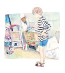  1boy androgynous basket blue_shorts broom chair expressionless folding_chair long_sleeves original profile runta sandals shirt shorts solo standing striped striped_shirt traditional_media watercolor_(medium) wide_shot 