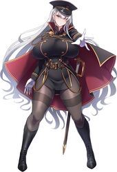  belt black_clothes boots breasts cape gloves hat highres huge_breasts knee_boots konoshige_(ryuun) long_hair looking_at_viewer military military_hat military_jacket military_uniform original pantyhose peaked_cap riding_boots sheath simple_background slender_waist sword thick_thighs thighs uniform very_long_hair weapon white_background white_hair wide_hips 