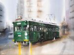  artist_name blurry blurry_background city commentary_request no_humans original outdoors road scenery street streetcar traditional_media watanabe_masato watercolor_(medium) 