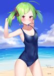  1girl ahoge bangs bare_shoulders beach blue_sky blush clouds collarbone commentary commission covered_navel day delutaya diagonal_bangs earrings english_commentary eyebrows_visible_through_hair green_hair highres horizon indie_virtual_youtuber jewelry k_mugura looking_at_viewer ocean one-piece_swimsuit open_mouth outdoors red_eyes sand second-party_source short_twintails sky smile solo standing swimsuit triangle_earrings twintails virtual_youtuber water 