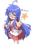  1girl :3 ;d ahoge aikawa_ryou bangs blue_hair blush collarbone commentary_request glasses green_eyes hair_between_eyes highres index_finger_raised izumi_konata long_hair long_sleeves looking_at_viewer lucky_star mole mole_under_eye neckerchief one_eye_closed open_mouth pink_neckwear pleated_skirt red-framed_eyewear ryouou_school_uniform sailor_collar school_uniform semi-rimless_eyewear serafuku shirt simple_background skirt sleeves_past_wrists smile solo thigh-highs very_long_hair white_background white_legwear white_shirt zettai_ryouiki 
