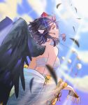  1girl absurdres alucard_pie back bare_shoulders bird_wings black_hair black_wings blue_sky breasts brown_eyes clouds day feathered_wings floating_hair hat highres huge_filesize japanese_clothes medium_breasts medium_hair outdoors profile red_headwear sarashi shameimaru_aya sky solo sunlight tokin_hat touhou wind wings 