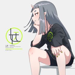  1girl bangs black_shirt black_shorts blunt_bangs collarbone feet_out_of_frame fingernails from_side green_nails grey_background head_rest highres horns kuro_kosyou long_hair long_sleeves nail_polish oni oni_horns original pointy_ears red_eyes shadow shirt shorts simple_background single_horn sitting sleeves_past_wrists slouching solo spread_legs strap teeth 