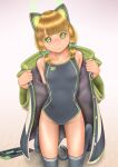  1girl animal_ears black_legwear black_swimsuit blonde_hair blue_archive cat_ear_headphones cat_ears cat_tail collarbone commentary_request competition_swimsuit flat_chest full_body gradient gradient_background green_eyes green_jacket handheld_game_console headphones highres jacket kneeling looking_at_viewer midori_(blue_archive) one-piece_swimsuit short_hair sidelocks solo swimsuit tail thigh-highs twintails uzuki_mei 