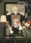  1boy 1girl bangs black_coat black_eyes blonde_hair bow brown_shirt closed_eyes coat collared_shirt drawer flower glasses hair_bow hands_up height_difference highres indoors keishin lamp limited_palette long_sleeves mirror necktie original parted_lips red_bow red_flower red_neckwear shirt short_hair smile vase white_flower 