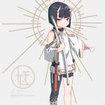  1girl asymmetrical_legwear bangs bare_shoulders black_hair black_legwear black_shorts blunt_bangs closed_eyes disconnected_mouth eyebrows_visible_through_hair feet_out_of_frame grey_background highres holding holding_sword holding_weapon horns katana kuro_kosyou looking_at_viewer oni oni_horns orange_eyes original pleated_skirt sheath sheathed shikigami short_hair shorts shorts_under_skirt single_leg_pantyhose skirt solo standing sword two-tone_background weapon white_skirt 