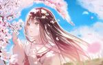  1girl bangs blue_sky brown_eyes brown_hair cherry_blossoms curcumin flower hair_between_eyes long_hair open_mouth original petals school_uniform serafuku sky solo tree uniform upper_body wind 