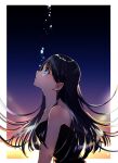  1girl absurdres black_dress black_hair blue_eyes collarbone crying dress ears from_side highres long_hair looking_up nanaponi original sleeveless sleeveless_dress solo sunset tears 