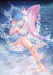  1girl anklet armpits atdan bare_arms bare_shoulders barefoot blue_eyes blue_hair breasts dress fish haiyi halter_dress halterneck hand_up hat highres jellyfish jewelry large_breasts long_hair looking_at_viewer one_eye_closed short_dress sleeveless sleeveless_dress smile solo synthesizer_v thighs v water white_dress 