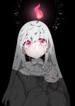  1girl black_background candle dress expressionless fire glowing grey_dress hair_between_eyes hands_together highres humanization light long_sleeves melting monochrome original personification red_eyes solo watariganikun 