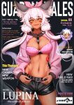  absurdres animal_ears b-pang bangs breasts cover crossed_bangs dark_skin eyebrows_visible_through_hair guardian_tales highres ice_witch_lupina long_hair looking_at_viewer magazine_cover medium_breasts miniskirt open_mouth pink_hair skirt smile twintails wolf_ears wolf_girl yellow_eyes 