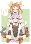  2girls ahoge bangs bike_shorts black_vest blue_eyes brown_footwear cheek_pull closed_eyes crossed_legs d.y.x. gloves grey_skirt grin hair_between_eyes hair_ribbon kagerou_(kancolle) kantai_collection kneehighs long_hair multiple_girls neck_ribbon open_mouth pink_hair pleated_skirt ponytail red_neckwear ribbon school_uniform shiranui_(kancolle) shirt shorts shorts_under_skirt simple_background sitting skirt smile twintails two-tone_background vest white_gloves white_shirt yellow_ribbon 