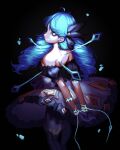  1girl absurdres bangs black_background black_dress blue_eyes blue_hair bound bound_arms braid bsapricot dress english_commentary from_behind gwen_(league_of_legends) hair_behind_ear highres league_of_legends needle off-shoulder_dress off_shoulder oversized_object solo stab twin_drills twintails 
