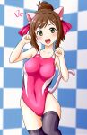  1girl animal_ears black_legwear blurry breasts brown_hair cat_ears cat_tail checkered checkered_background competition_swimsuit cowboy_shot depth_of_field fangs green_eyes haruno_yomogi highres idolmaster idolmaster_cinderella_girls looking_at_viewer maekawa_miku medium_breasts one-piece_swimsuit paw_pose ponytail red_swimsuit solo standing standing_on_one_leg swimsuit tail thigh-highs 