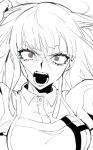  1girl angry apron bandages bangs blush breasts collared_shirt commentary_request dangan_ronpa_(series) dangan_ronpa_2:_goodbye_despair eyebrows_visible_through_hair greyscale hand_up large_breasts long_hair looking_at_viewer mole mole_under_eye monochrome open_mouth shirt solo spot_color tsumiki_mikan tuteurfars_shin upper_body white_background 