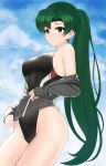  1girl black_jacket black_swimsuit blue_sky clouds competition_swimsuit cowboy_shot fire_emblem fire_emblem:_the_blazing_blade green_eyes green_hair highleg highleg_swimsuit highres jacket kocha_(jgug7553) long_hair looking_at_viewer lyn_(fire_emblem) one-piece_swimsuit ponytail sky solo swimsuit 