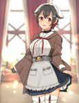  1girl adapted_costume annin_musou belt black_hair black_skirt blush breasts brown_shawl buttons cowboy_shot curtains eyebrows_visible_through_hair hair_between_eyes hair_flaps hair_ornament hairclip jingei_(kancolle) kantai_collection large_breasts long_hair long_sleeves open_mouth pleated_skirt red_eyes shawl skirt smile solo thigh-highs white_legwear 