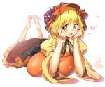  1girl :d aki_minoriko apron bangs barefoot black_skirt blonde_hair breasts eyebrows_visible_through_hair food fruit full_body grapes hands_on_own_face heart highres juliet_sleeves large_breasts legs_up long_sleeves looking_at_viewer lying on_stomach open_mouth orange_apron orange_headwear puffy_sleeves shirt short_hair signature simple_background skirt smile solo symbol_commentary touhou umigarasu_(kitsune1963) white_background yellow_eyes yellow_shirt 