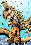  1boy ankle_boots blonde_hair blue_background blue_footwear blue_wristband boots building clenched_hands closed_mouth dougi dragon dragon_ball dragon_ball_z emphasis_lines feet_out_of_frame floating_rock gradient gradient_background green_eyes hand_up highres legs_apart long_hair looking_at_viewer male_focus no_eyebrows open_mouth pants paws pectorals rock serious sharp_teeth shirt simple_background son_goku spiky_hair standing super_saiyan super_saiyan_3 teeth torn_clothes torn_pants torn_shirt very_long_hair whiskers wristband youngjijii 